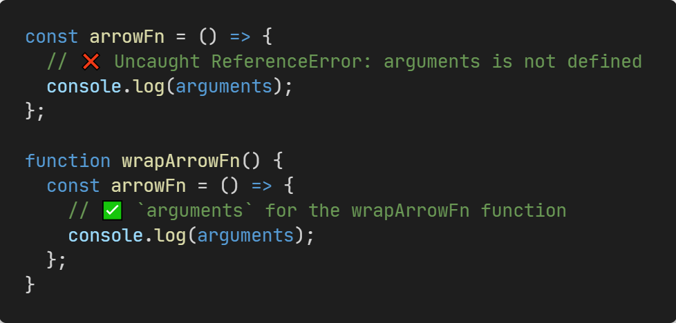 JavaScript arrow function arguments example showing reference to parent function arguments