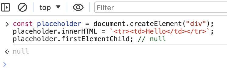 JavaScript innerHTML limitation example showing invalid HTML node creation failure