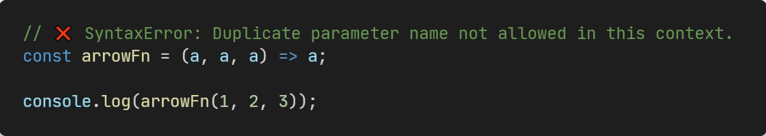 JavaScript arrow function duplicate parameters error showing strict mode requirement