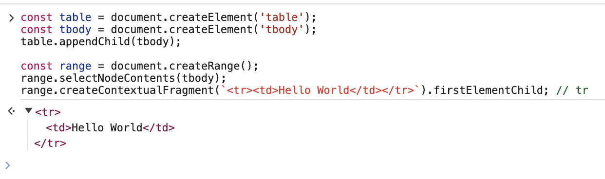 JavaScript Range.createContextualFragment with context example showing table element creation