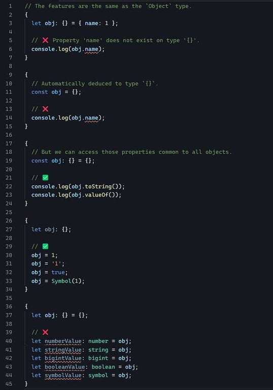 TypeScript empty object type {} example showing property access restrictions