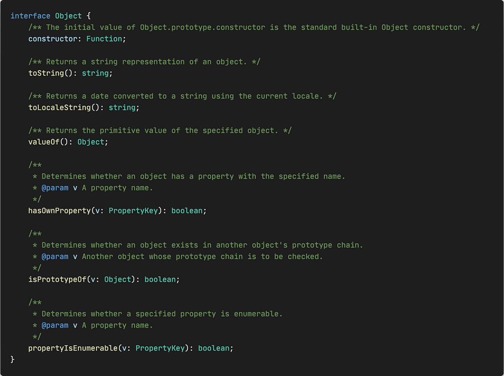 TypeScript Object type definition showing common properties like toString and valueOf methods