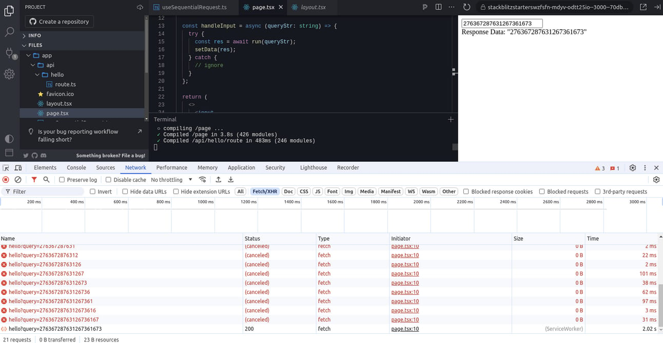 Optimized React sequential request hook example with input field and real-time data fetching