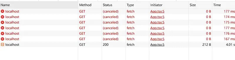 React sequential request hook demonstration showing automatic cancellation of previous requests