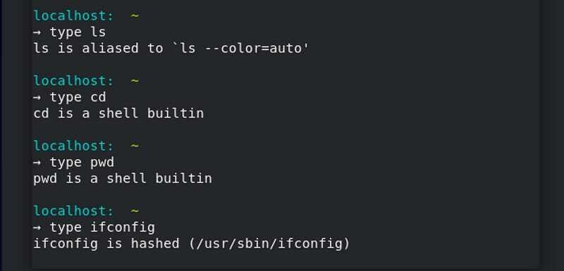 Linux type command output showing built-in vs external command differences