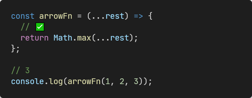 JavaScript arrow function rest parameters example showing array-based argument handling