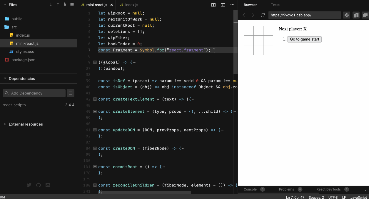 React mini-implementation tic-tac-toe game demo showing working game functionality