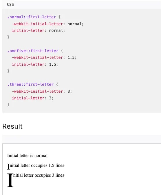 CSS initial-letter property example showing enlarged drop cap spanning multiple lines