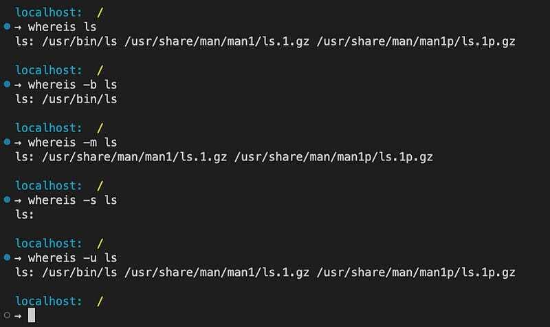 Linux whereis command example showing binary, manual, and source file search results