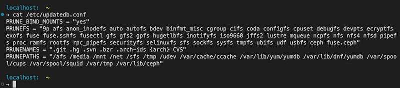 Linux updatedb.conf configuration file showing file system search exclusions and pruning settings