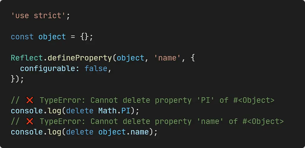 JavaScript delete operator example showing TypeError when deleting non-configurable property in strict mode
