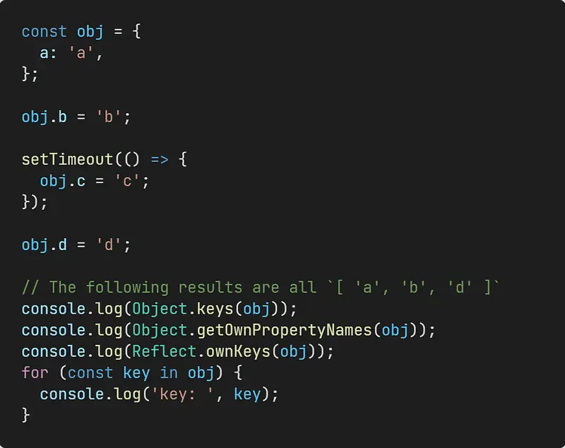 JavaScript object property order example showing string keys in chronological creation order