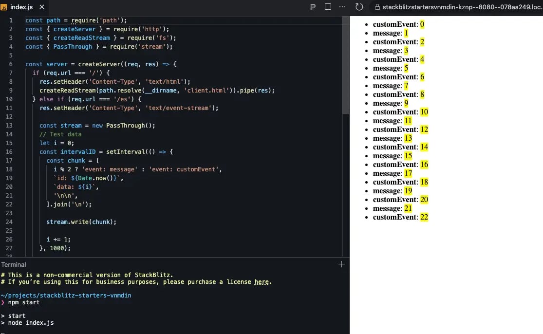 Server-Sent Events code example demonstrating EventSource API implementation in Node.js