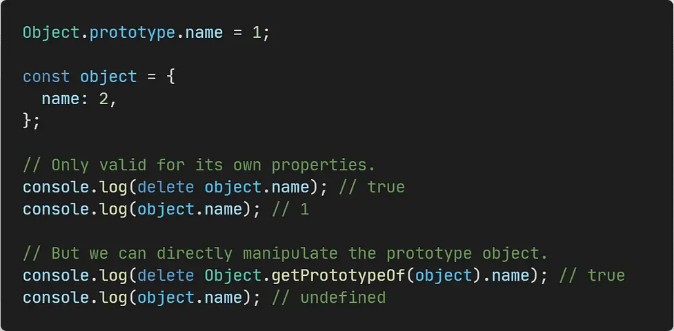 JavaScript delete operator example showing own property deletion vs prototype chain properties