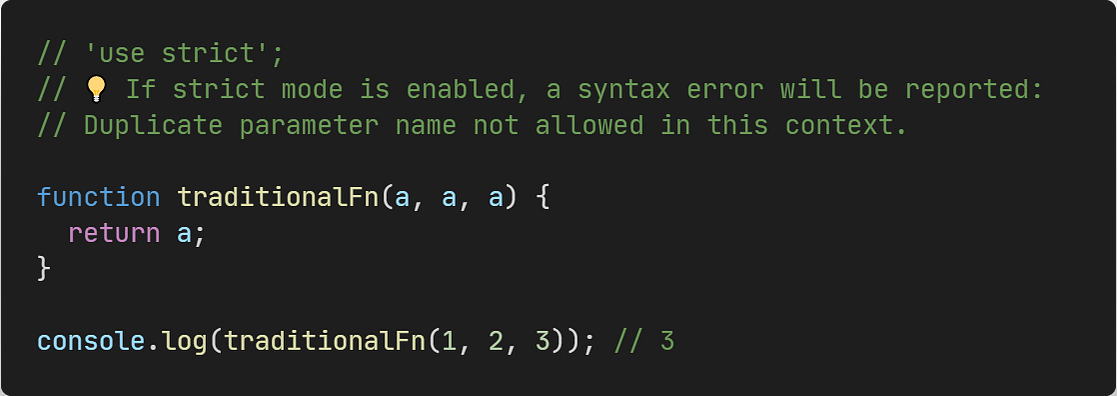 JavaScript traditional function duplicate parameters example showing non-strict mode behavior
