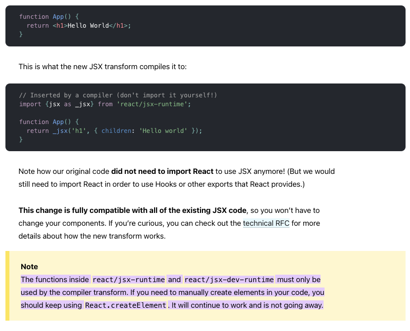 React.createElement function signature and parameters showing type, config, and children