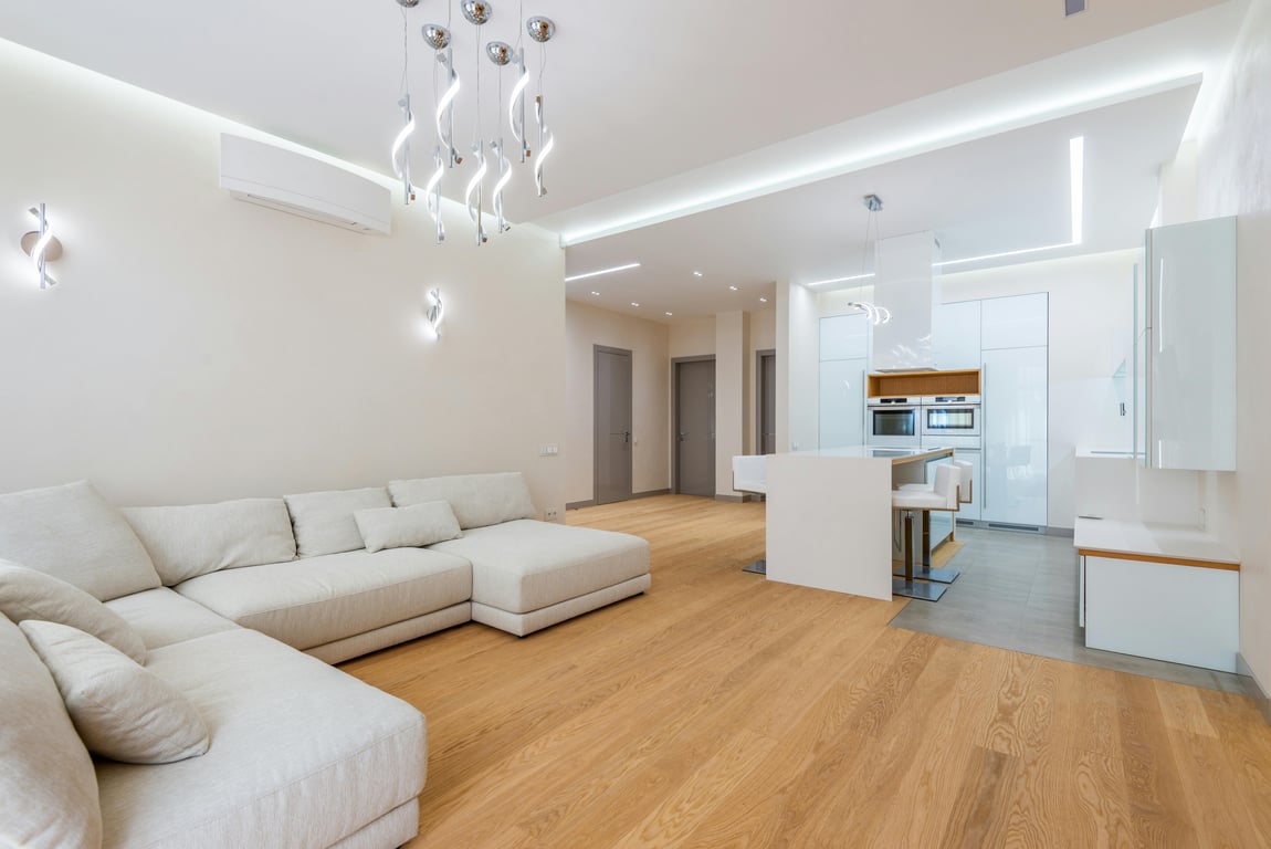 Spacious modern living room with open-plan kitchen and sleek design.