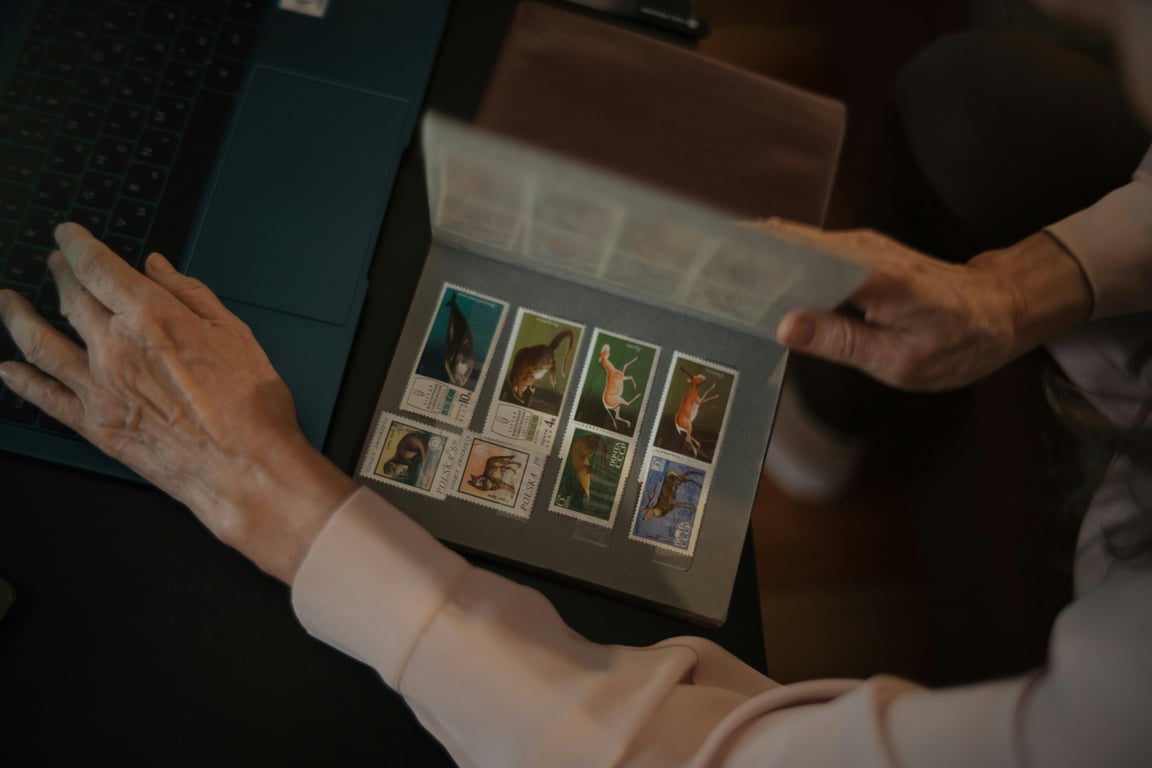 Senior adult using laptop while sorting a colorful stamp collection indoors.