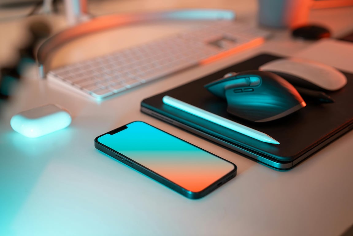 A stylish workspace featuring modern tech gadgets, perfect for productivity and creativity.