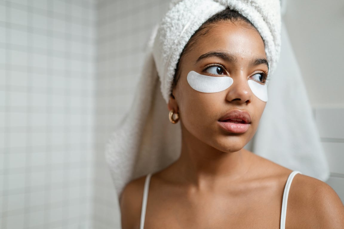A young woman with a towel on her head applying under eye masks as part of her skincare routine.