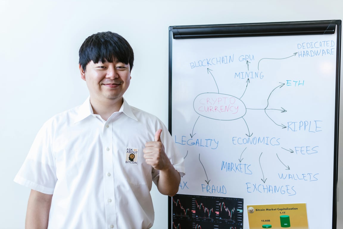 A smiling man stands beside a whiteboard with cryptocurrency concepts and gives a thumbs up.