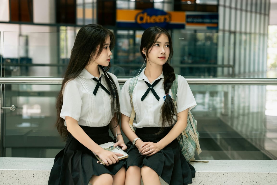 Two East Asian teenage schoolgirls in uniforms sitting indoors, Ho Chi Minh City.