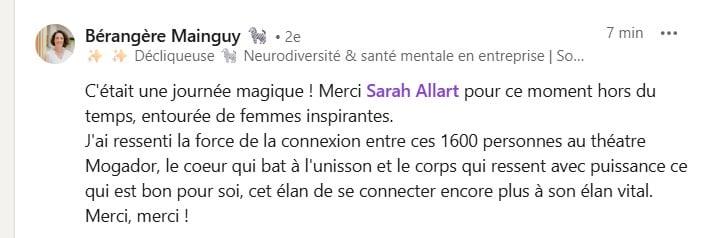 Message d'une participante après Potentiel Illimité