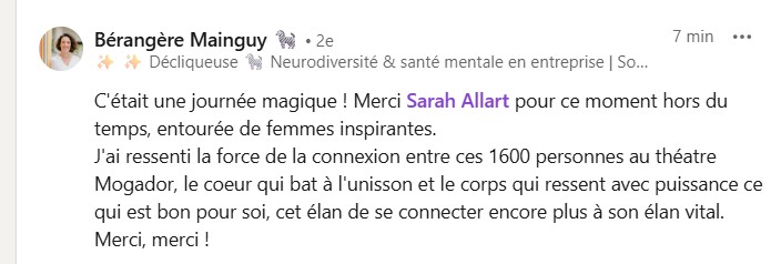 Message d'une participante après Potentiel Illimité