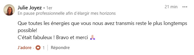 Message d'une participante après Potentiel Illimité