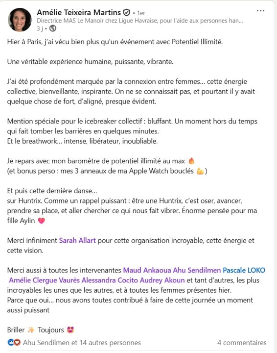 Message d'une participante après Potentiel Illimité
