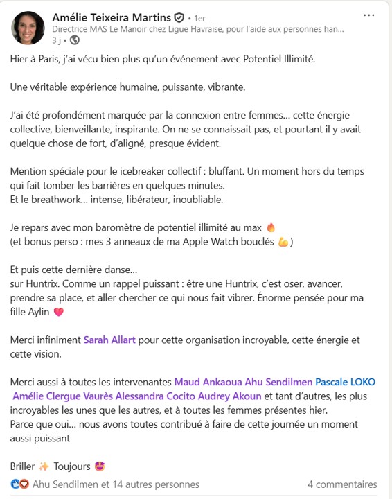 Message d'une participante après Potentiel Illimité