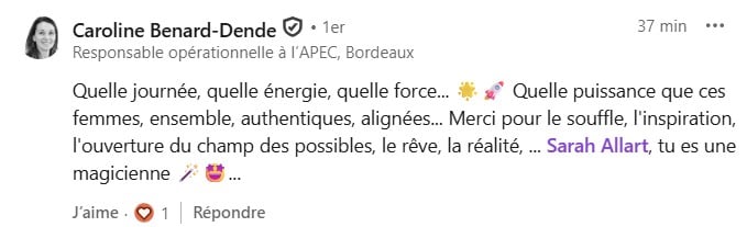 Message d'une participante après Potentiel Illimité