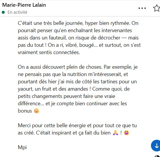 Message d'une participante après Potentiel Illimité