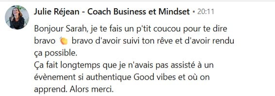 Message d'une participante après Potentiel Illimité