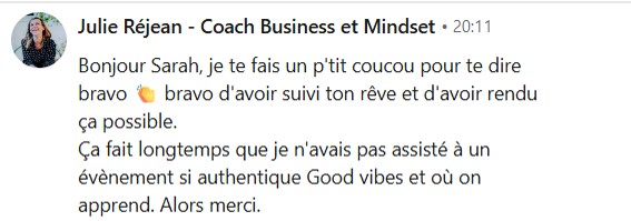 Message d'une participante après Potentiel Illimité