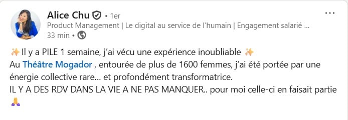 Message d'une participante après Potentiel Illimité