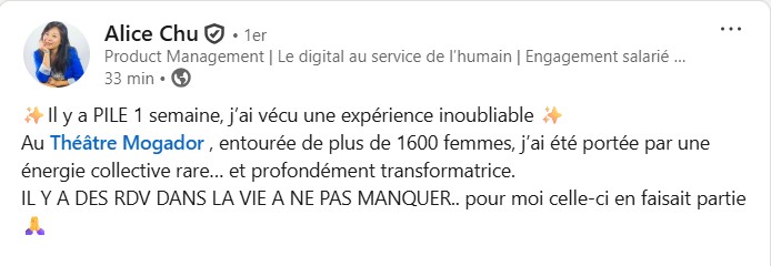 Message d'une participante après Potentiel Illimité