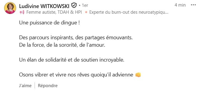 Message d'une participante après Potentiel Illimité