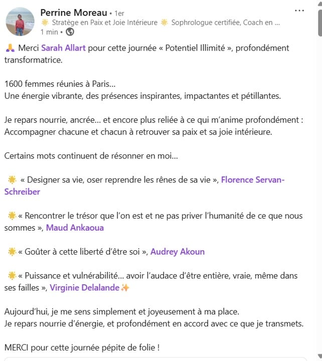 Publication LinkedIn d'une participante de Potentiel Illimité