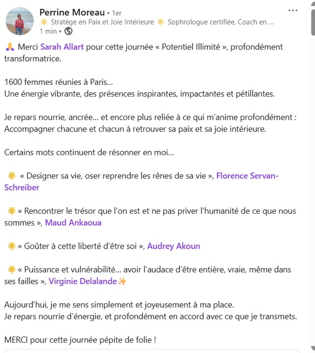 Publication LinkedIn d'une participante de Potentiel Illimité