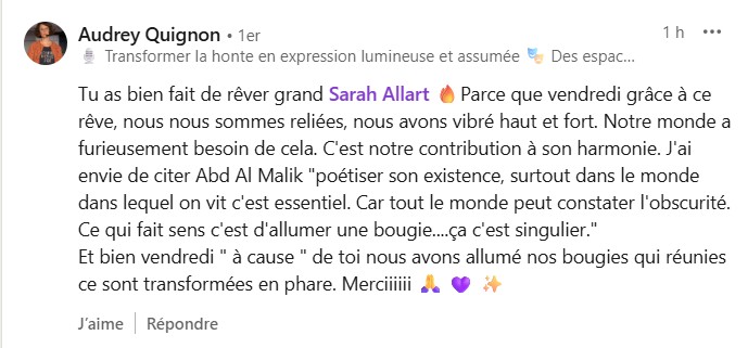 Message d'une participante après Potentiel Illimité
