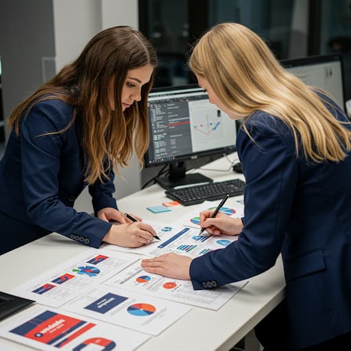 Deux expertes discutent en analysant des rapports et des graphiques