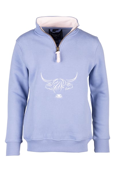 Girls Quarter Zip Sweatshirt - Byland - Highland Cow Pale Blue
