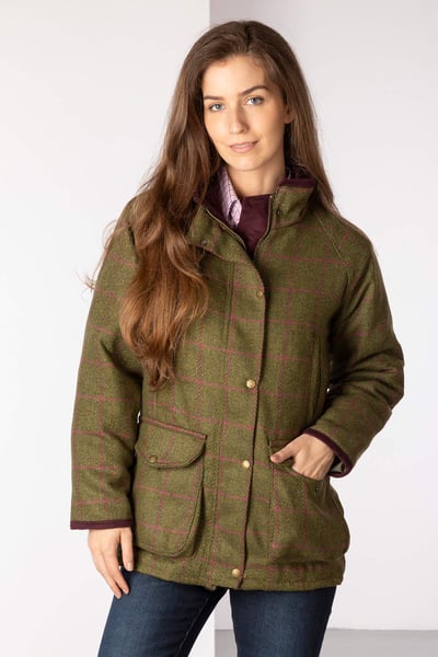Ladies Long Tweed Coat - Plum Check