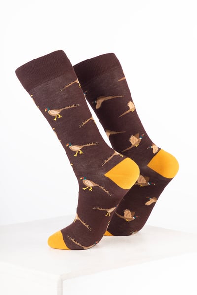 Men's Bamboo Rich Bird Ankle Socks - Walking Pheasant Brown