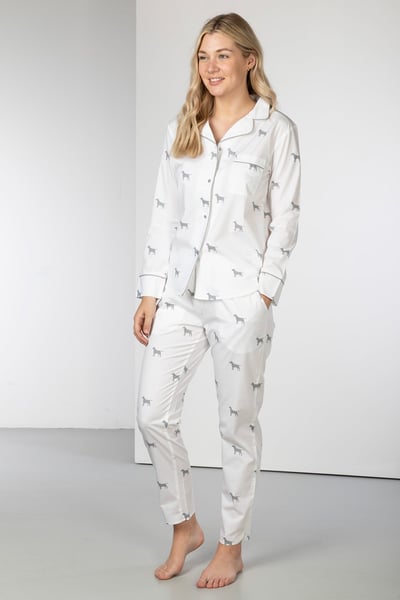 Ladies 100% Cotton Pyjama Sets - White/Grey Labrador