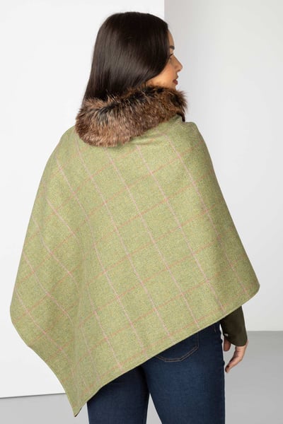 Ladies Wool Tweed Poncho With Faux Fur - Light Green Tweed