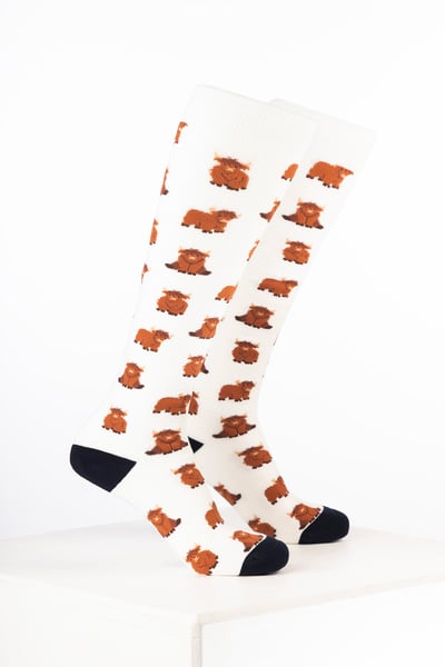 Damen-Gummistiefelsocken mit Kuhmotiv - Hochlandrind Sahne