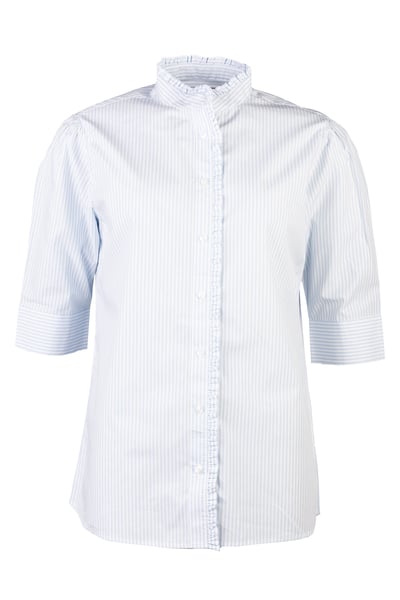Ladies Ruffled Short Sleeved Shirt - Ivy - Blue Stripe