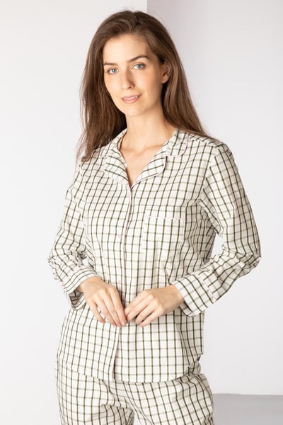 Ladies 100% Cotton Pyjama Sets - Cream/Khaki Check